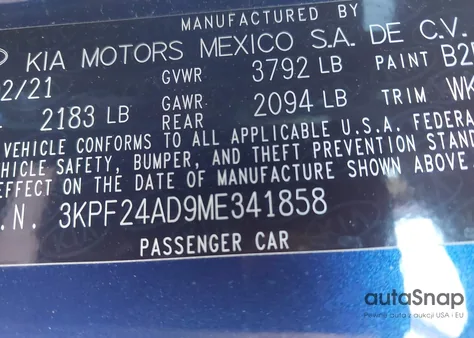 2021 Kia Forte Lxs из США, поврежденный, VIN 3KPF24AD9ME341858